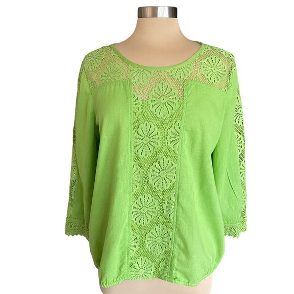 Vintage America Green Popover Top Sheer Lace Yoke & Trim Cotton All Season Basic - Picture 1 of 10